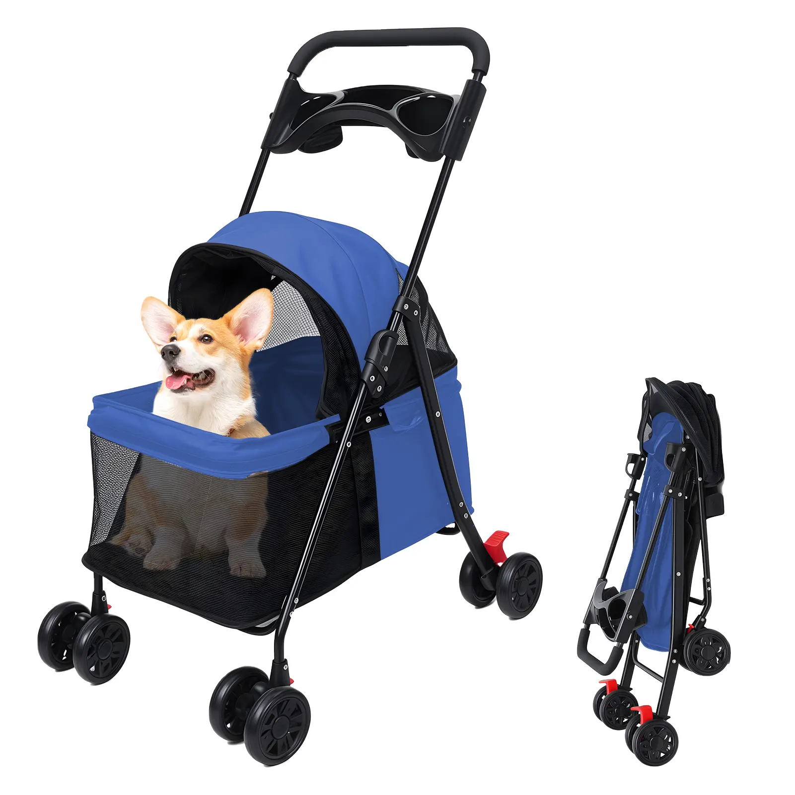 4-Wheel Pet Stroller with Metal Frame, Easy-Folding Puppy Jogger Cage, Sun Cover, Pad, Rear Storage Bag, Breathable Visible Mesh for Small/Medium Pets Up to 22 lbs, Fabric, Cup Holder, Plastic, Safe Brakes, 75Cm X 49Cm X 94Cm