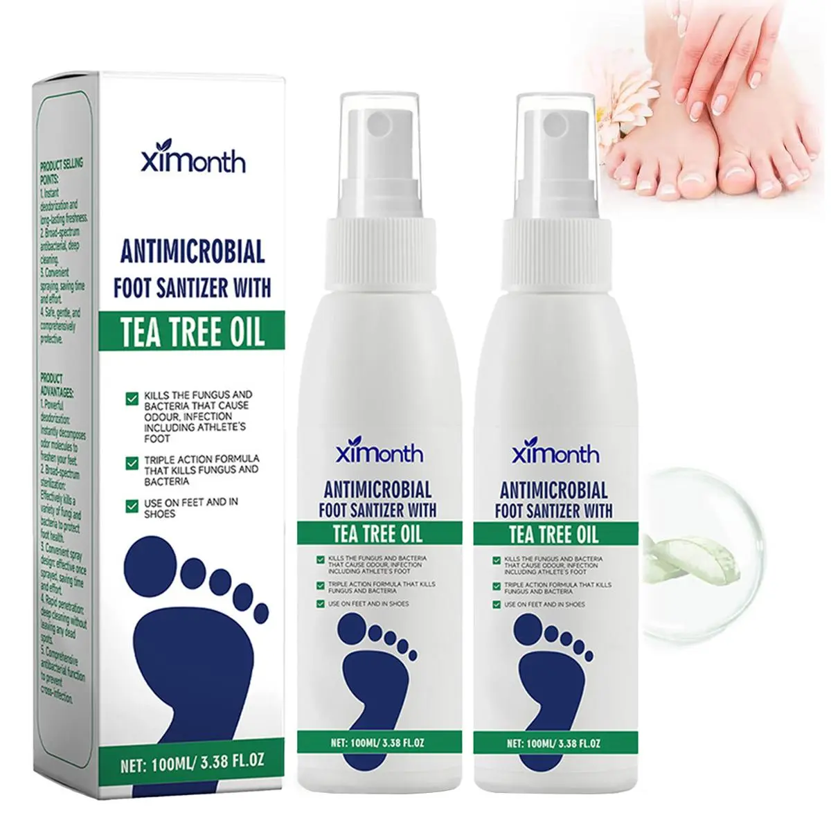(3 bottles)Tea Tree Oil Foot Spray - Plantar Moisturizing Deodorant for Odor Control & Dry Feet Care, Natural Foot Sanitizer with Antifungal Properties, Ximonth Clear Foot Sanitizer Spray, for Foot & Shoe Freshness