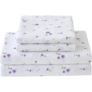 Floral Queen Sheet Set Purple Flower Printed Queen Size Bed Sheets - 4 Piece Microfiber Patterned Fitted Sheets with 15" Deep Pocket, Spring Flower Sheets and Pillowcase Set