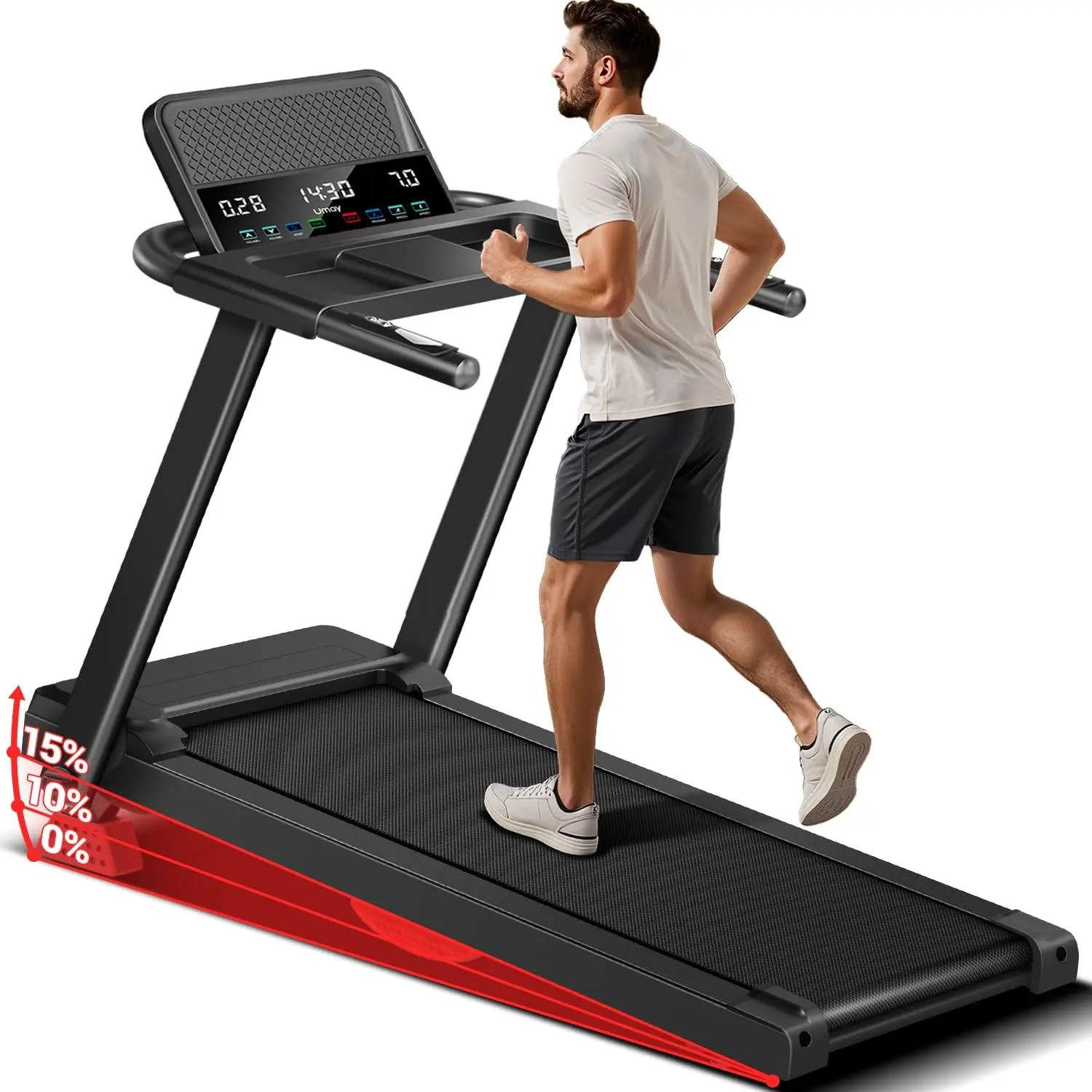 Umay Smart Treadmill with 3-Screen Display & Multi-Console, 15% Incline Running Machine 300 lbs Weight Capacity, Max 7.5MPH for Home Workout,summerwins