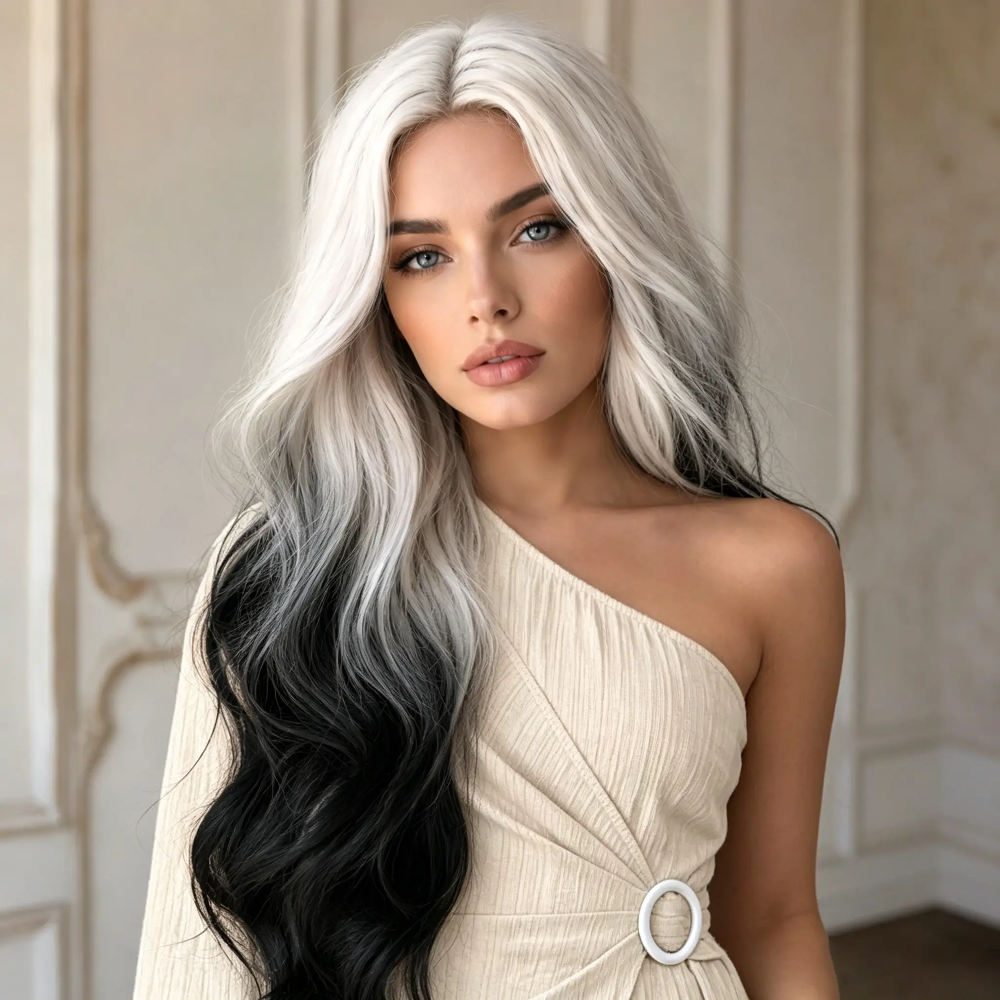 ZIHAN-Long Body Wave Hair Two-Tone Black & White Wigs Synthetic Fiber Hair Wigs for Women For Every Party Halloween Wig COSPLAY