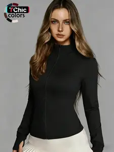 Women's sports jacket with full zip and thumbholes, the perfect choice for running and yoga. Stylish activewear, yoga top for workouts, running and cycling. Lightweight, figure-flattering long-sleeved cardigan-style fitted fitness wear.