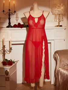 Women's Lace Sleepwear Loungewear Set, 2pcs High Slit Skirt & V Neck Design, Perfect for Casual Wear, Elegant Night