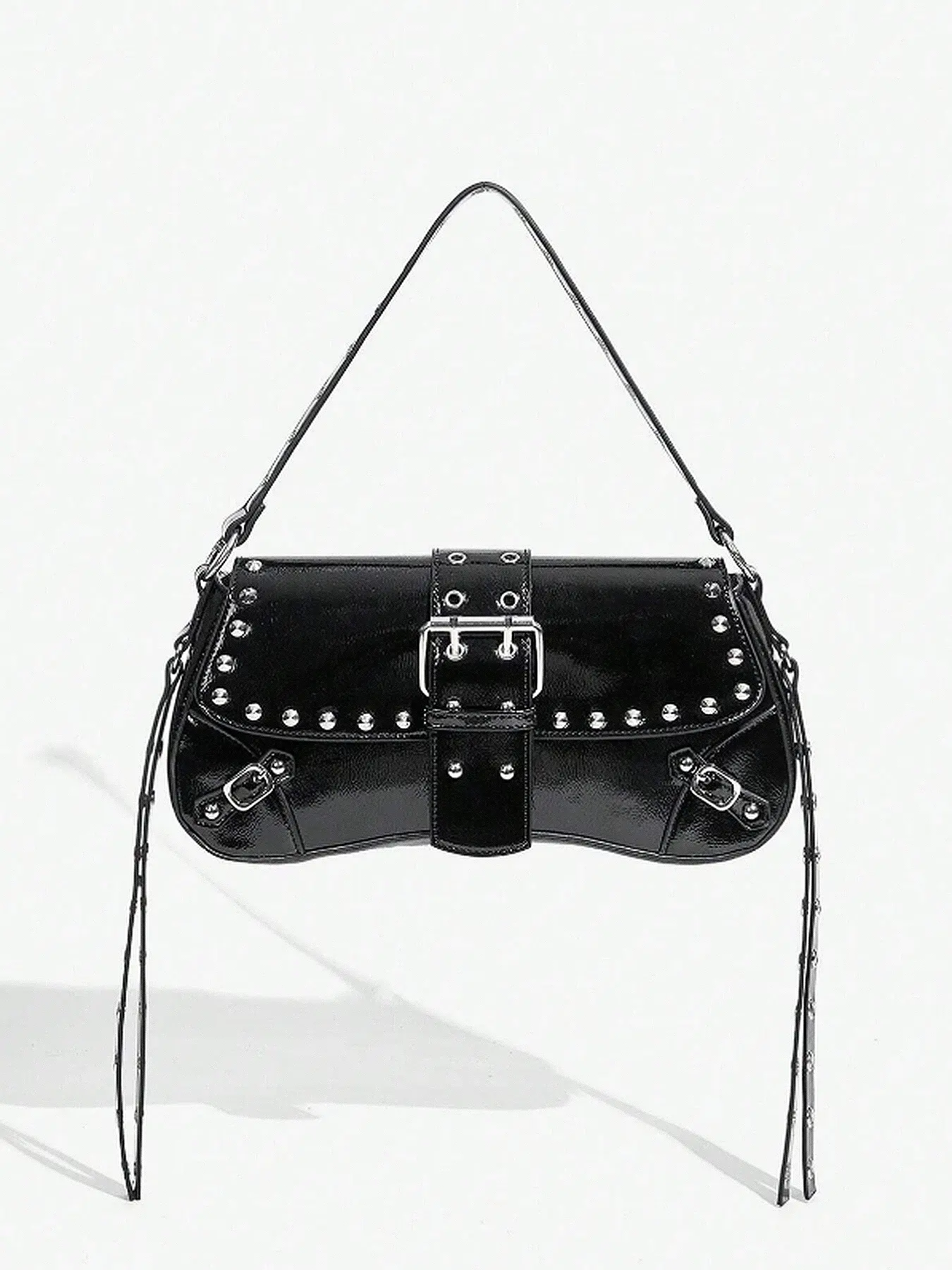Niche design black shiny shoulder underarm bag, rivet metal buckle design shoulder baguette bag, fashion motorcycle style shoulder bag, suitable for daily commuting, shopping, Casual commuter bag, Fashion bags