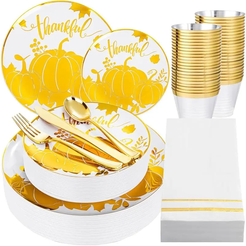 Thanksgiving Plastic Plates, 175PCS Gold Plates Dinnerware Set Disposable, Pumpkin Plastic Plates