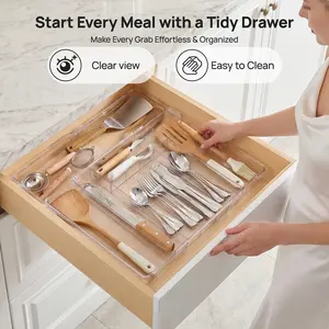 【New Arrival】Vtopmart Expandable Silverware Organizer, Clear Plastic Food-Safe Cutlery Flatware Organizer, Kitchen Utensil Drawer Organizer, Adjustable Silverware Holder for Spoons Forks Knives, (6-9 Slots)