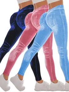 Women's Seamless Denim Yoga Pants, High Waist Stretchy Fitted Athletic Workout Leggings, Outdoor Fitness & Gym Wear, Casual Daily Use, Activewear