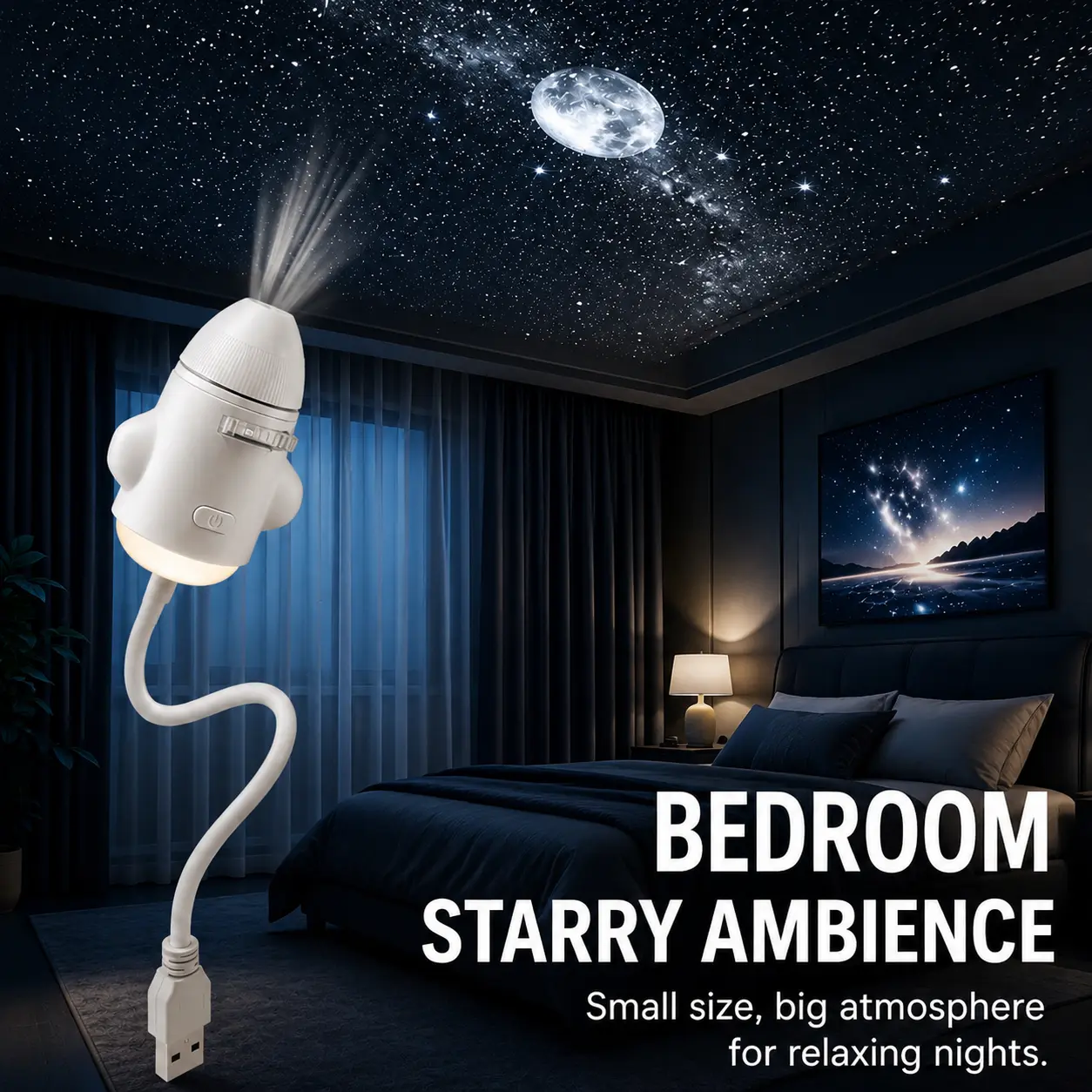 Galaxy Star Projector Rocket Night Light - 6 Easy-Swap Scene Slides, Flexible Gooseneck, Warm Dimmable Modes, USB Plug & Play, Bedroom Decor, Kids' Holiday Gift, Halloween Colorful Projection  night light projector Set