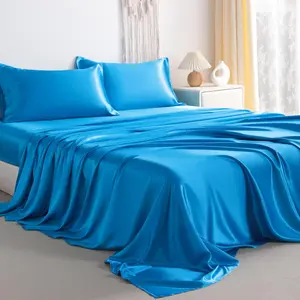 Silk Twin Sheet Set, 3-Piece Luxury and Soft Bedding Set Cooling Sheets for Hair and Skin, Includes 1 Pillowcase, 1 Flat Sheet, 1 Fitted Sheet with Deep, Blue