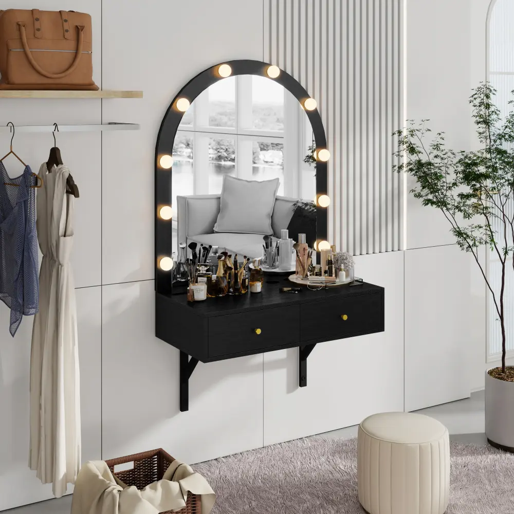 Wall-Mounted Floating Makeup Vanity Desk - Compact, Adjustable, with 3-Color Lights, Mirror, Power Outlet, Convenient Charging Port, Large Storage, for Bathrooms, Assembly Required