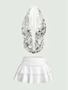 A ladies' two-piece skirt set, Womenswear, featuring a sexy chic sequined halter top paired with a solid-color skirt, perfect for a date or a day out shopping.