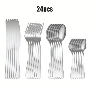 24-piece silver stainless steel tableware set, Dinnerware Sets, suitable for 6 people, including forks, knives and spoons, mirror-polished, dishwasher safe, suitable for weddings, parties and kitchens