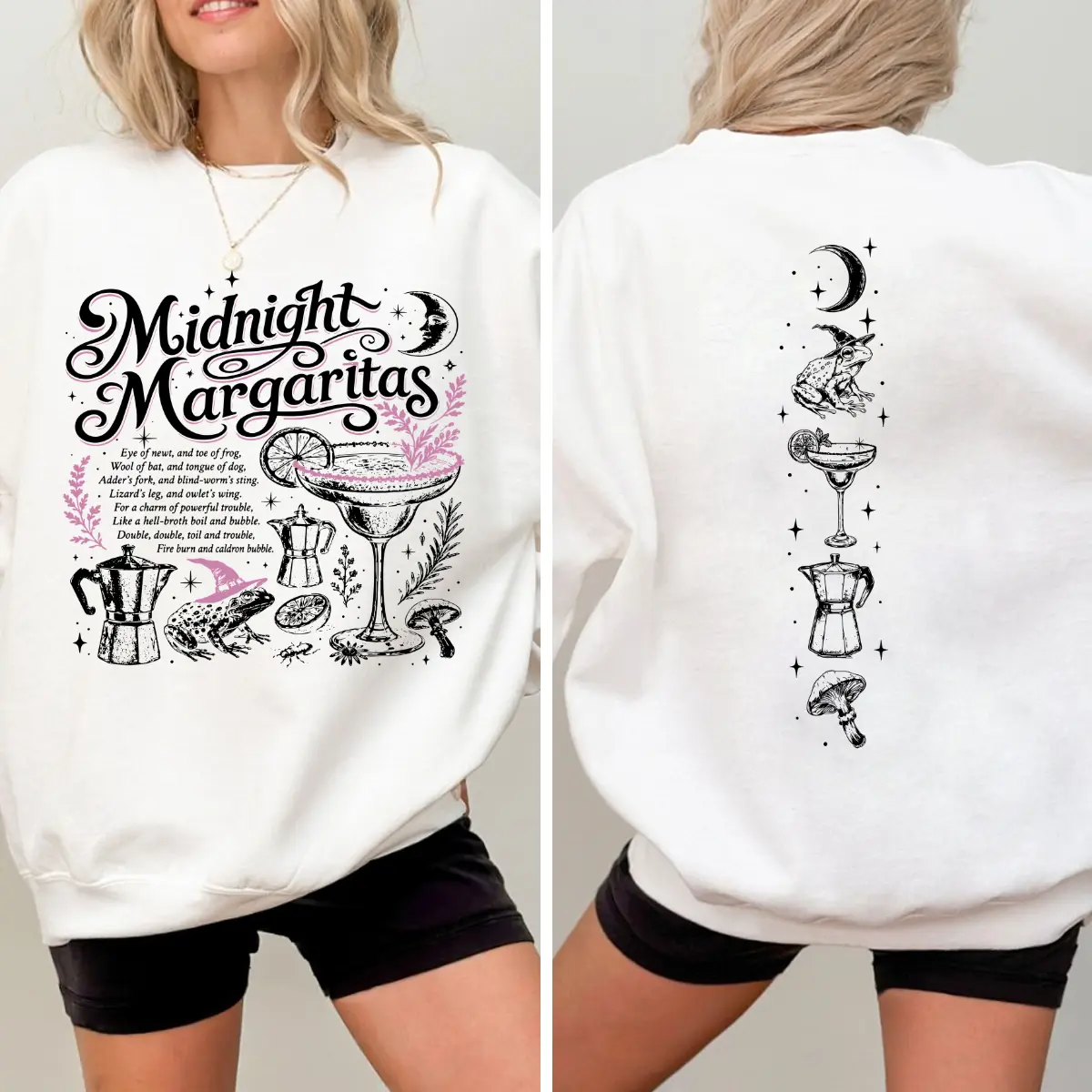 Midnight Margaritas Sweatshirt, Pink Witchy Halloween Cocktail Crewneck for Women, Spooky Season Witch Frog Fall Sweatshirt, Gift Her