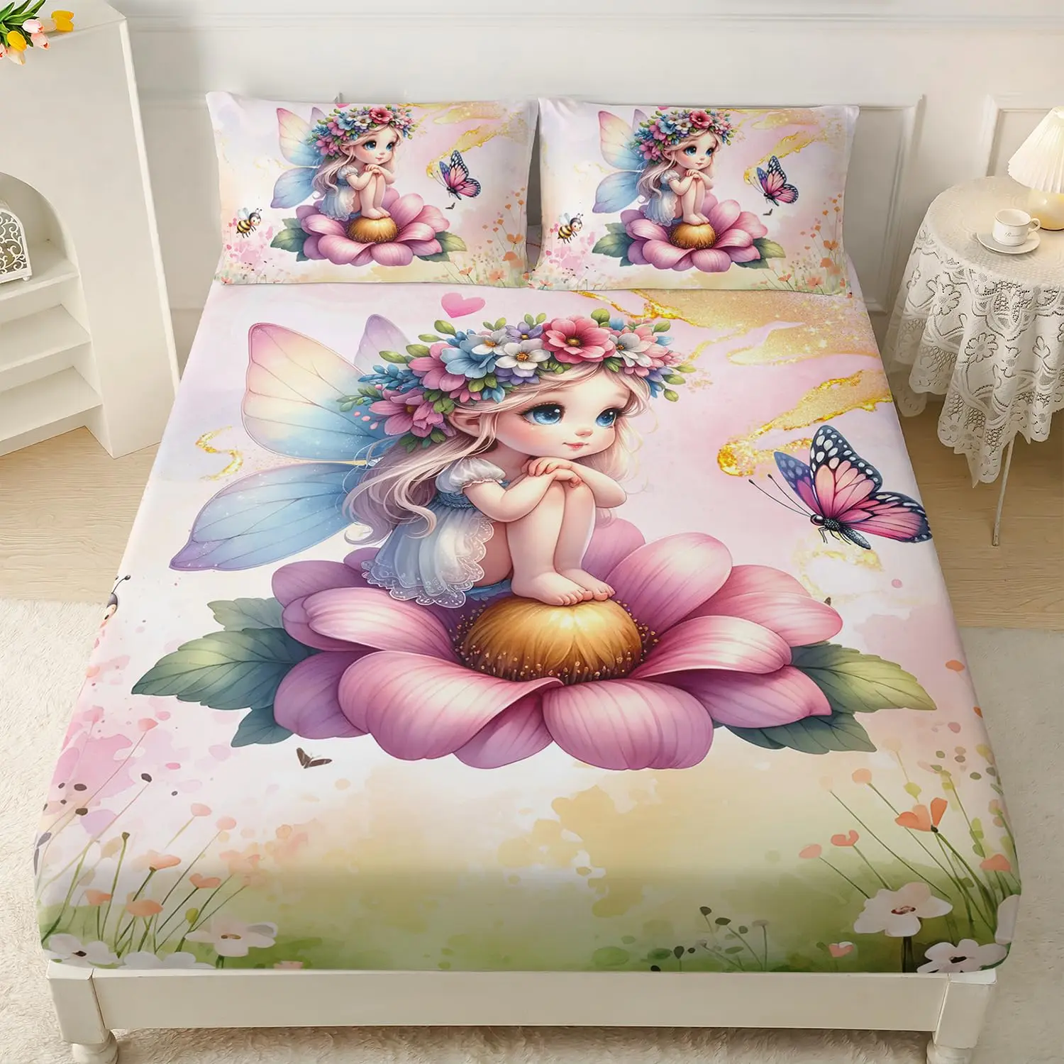 Girls' Printed Bedding Set, Bedsheet Sets, Decorative Bedsheet Sets, Includes Flat Sheet & Pillowcases, Modern Design for Bedroom Decor, Comfortable and Stylish Bed Linen