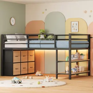 Sikaic Twin Size Low Loft Bed with 6 Storage Drawers LED Lights 15H Stairs Safety Guardrail 2 Tier Shelves Modern Kids Metal Bedframe Bedroom Set