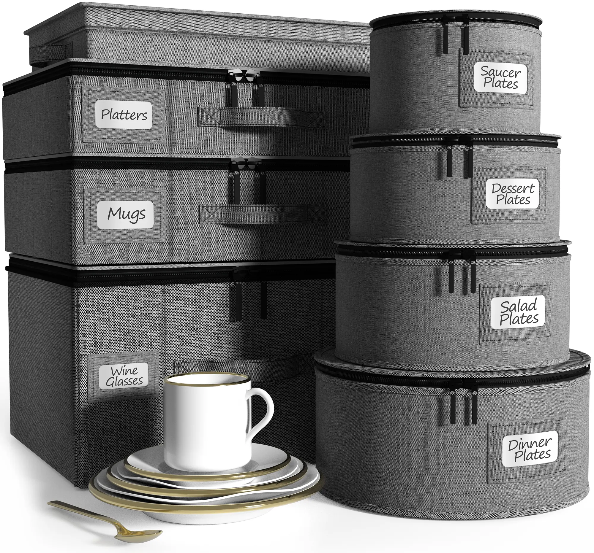 Sorbus 8-Pieces Hard Shell Synthetic China Storage Boxes - Multifunctional Stackable Organizer Set with Smooth Felt Lining, Insert, Zipper, Window Design for Glass Dinnerware, Mugs, Utensil, Beige