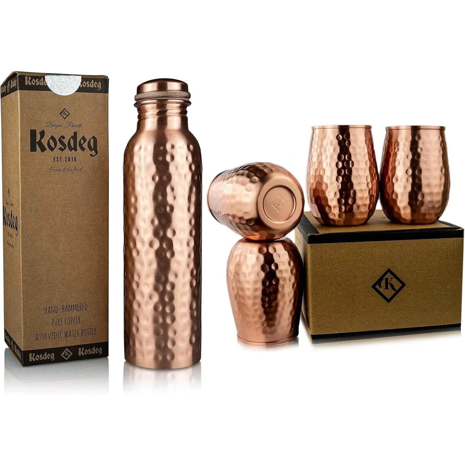Kosdeg Pure Copper Water Bottle - 34 Oz Reusable Tumbler with 12 Oz Washable Cup, Hammered Ayurvedic Vessel for Drinking, Supports Increased Water Intake & Reduced Sugar Consumption