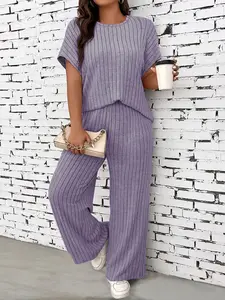 【Plus Size】 Solid Color Batwing Sleeve Tee & Pants Pajama, Casual Comfy Round Neck Short Sleeve T-Shirt & Trousers PJ Set Women's Sleepwear Pajamas Lounge Set for All Seasons