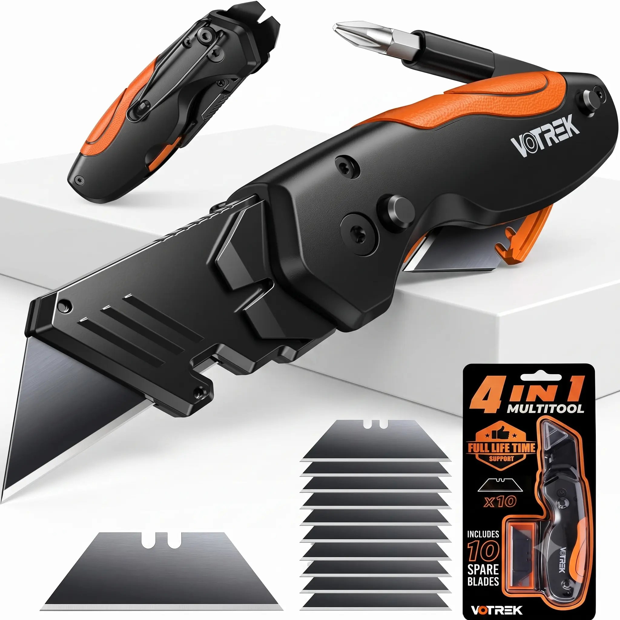 VOTREK 4-in-1 Folding Carbon Steel Pocket EDC Utility Knife - Quick-Change Retractable Blade, 10 SK5 Blades, Screwdriver, Pry Bar, Rope Cutter, Belt Clip, Ideal for DIY Hiking, Dad Father's Day Gift