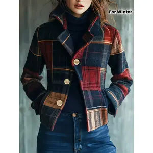 Women's Vintage Plaid Jacket - Two-button Closure, Non-Stretch Fabric (Button-Front Design), Fall/Winter Coat in Red/Black/Beige/Blue/Brown/, Machine Washable Retro Outerwear for Everyday & Formal Outfits