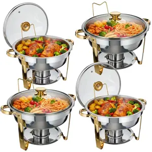 Gaomon Superior 4-Pack 5QT Round Gold Stainless Steel Buffet Food Warmer Chafing Dish Set - Rust-Resistant, Dishwasher-Safe, Large-Capacity with Glass Lids, Fuel Holders - Ideal for Catering, Desserts
