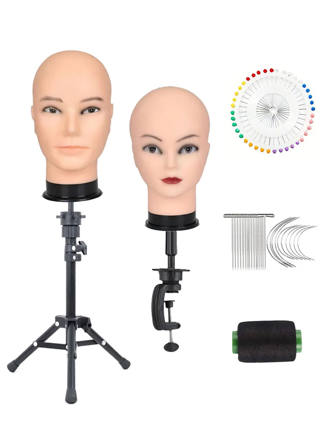 Professional Bald Mannequin Head Set - Male Female Cosmetology Manikin Head with Table Clamp Stand, T-Pins C Needles Color Pins for Wig Making Hat Display Makeup Practice
