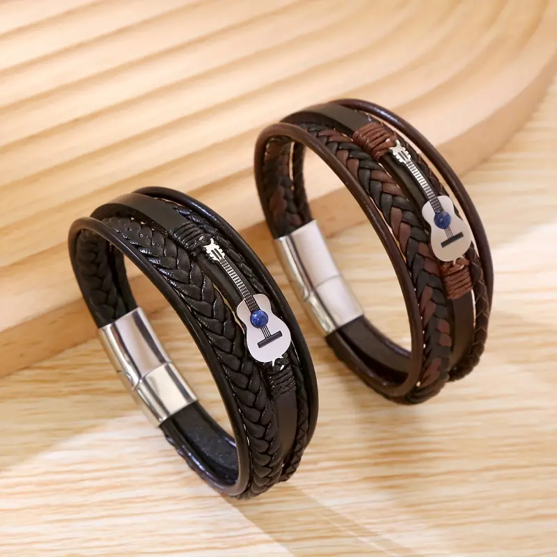 Men's Fashion Guitar Design Braided Faux Leather Bracelet, Creative Punk Party Festival Gift Accessory, Unisex Adjustable Faux Leather Band with Guitar Charm bracelet  for  women bracelet  for  men