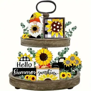 Sunflower Pattern Tiered Tray Decorations, 6 Counts/set Wooden Decorative Ornament without Tray, Summer Themed Desktop Decorative Ornament for Home Office Party