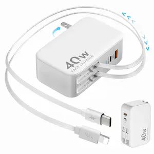 4-in-1 Retractable Wall Charger with Dual USB Ports and 90cm Lightening and Type-C Cables, 40W Fast Charging Foldable Block Compatible with ipad,iPhone 16/15, airpods,Galaxy, Pixel, and More