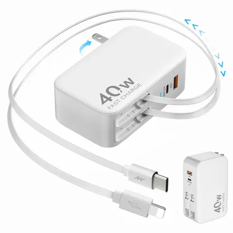 4-in-1 Retractable Wall Charger, 40W Fast Charging, Dual USB Ports, Built-in 90cm Lightning & USB-C Cables, Foldable Travel Plug, Multi-Device Charger Compatible with iPhone 18 Pro Max, Galaxy S26, Pixel 11, and More