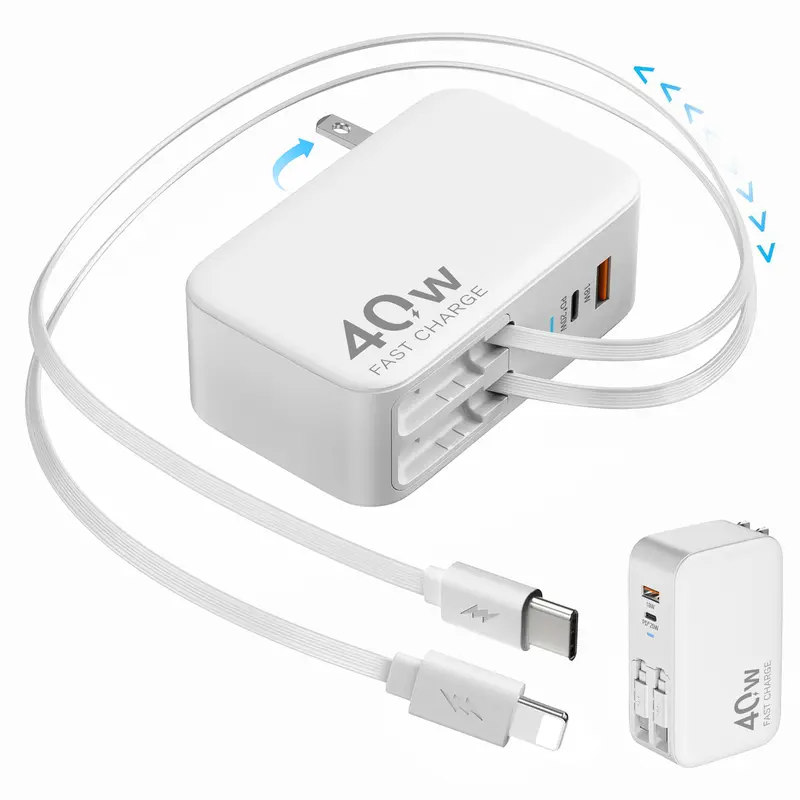 4-in-1 Retractable Wall Charger, 40W Fast Charging, Dual USB Ports, Built-in 90cm Lightning & USB-C Cables, Foldable Travel Plug, Multi-Device Charger Compatible with iPhone 18 Pro Max, Galaxy S26, Pixel 11, and More