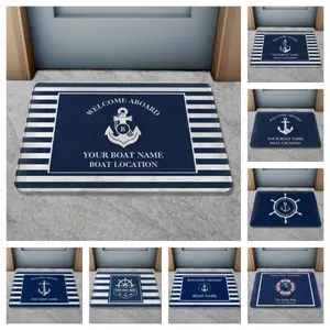 Nautical "Welcome Aboard" Flannel Door Mat – Navy Striped & Anchor Designs, Customizable Boat Name Mat, Non-Slip Indoor/Outdoor Welcome Mat for Maritime Lovers