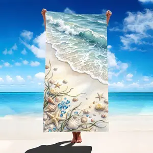 1pc Beach Towel with Ocean Waves And Seashells Design Quick Dry Soft Microfiber Towel for Beach Pool Spa Travel Summer Accessories