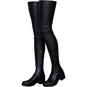 Women knee high boots thigh high over knee stretch fashion low chunky round toe zipper winter boots black red US4.5-14