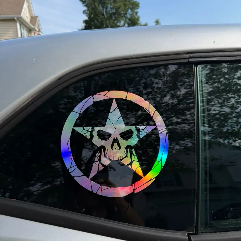 Skull in Star Badge Decal Skull Star Motorcycle Helmet Decal – Gothic Skull Vinyl Sticker, Biker Helmet Graphic, Jeep, SUV Car Window Decal