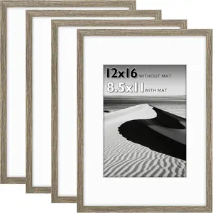 12x16 Picture Frame Set of 4, Display 8.5x11 Photo with Mat or 12x16  Print without Mat, Made of Engineered  Covered by Plexiglass, Grey Picture Frames Collage Wall Decor, Gallary Wall Frame