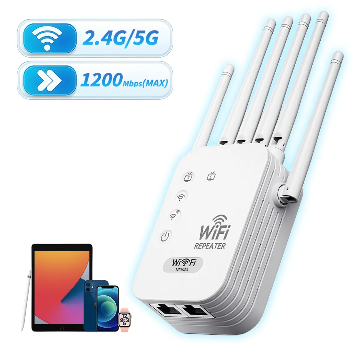 Internet Repeater, Compatible with 2.4GHz & 5GHz Routers for Whole Home Coverage,Dual-Band WiFi Range Extender with Ethernet Port - 1200Mbps High-Speed Signal Booster