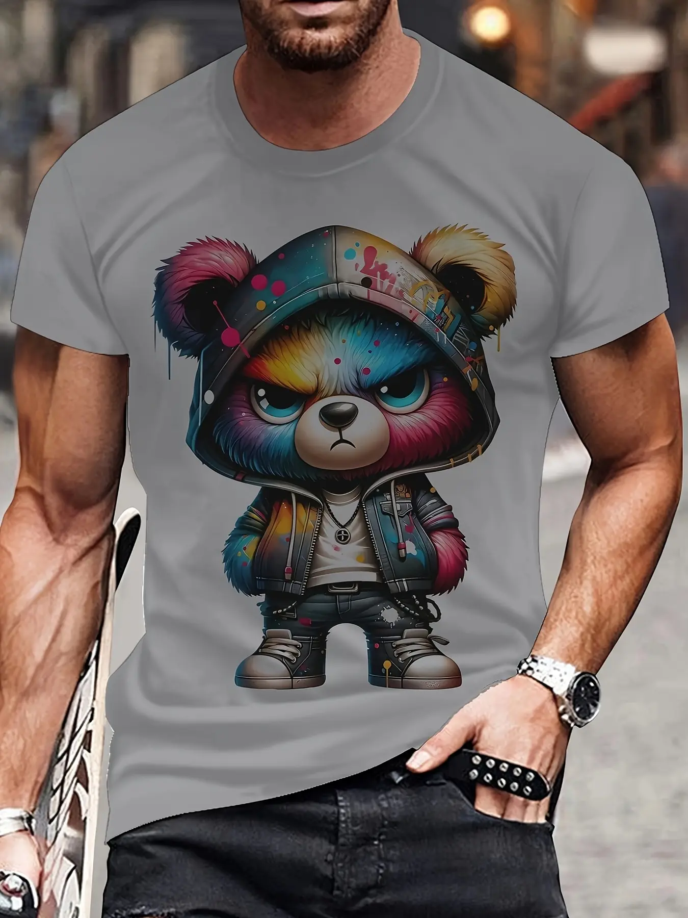 Men's 3D cartoon bear print short-sleeved Round Neck T-shirt, casual summer Menswear T-shirt, suitable for daily wear and vacation