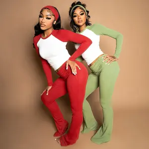 Color Block Long Sleeve Round Neck T-Shirt with Scarf Splicing Slim Fit Pants Set