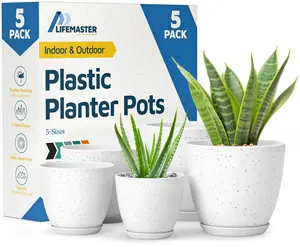 Plant Pots with Drainage Holes & Saucers 5 Pack, Indoor & Outdoor Stackable Space-Saving Planters for Houseplants & Flowers, (7", 6.7", 6", 5.3", and 4.8" Inches), Durable & Weatherproof