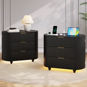 Fluted Nightstand Sets of 2, Bedside Table Set with 3-Color Dimmable Lights, Sofa End Side Table with Power Supply for Electronic Devices, Bedroom, Living Room Furniture (Black / Oak)