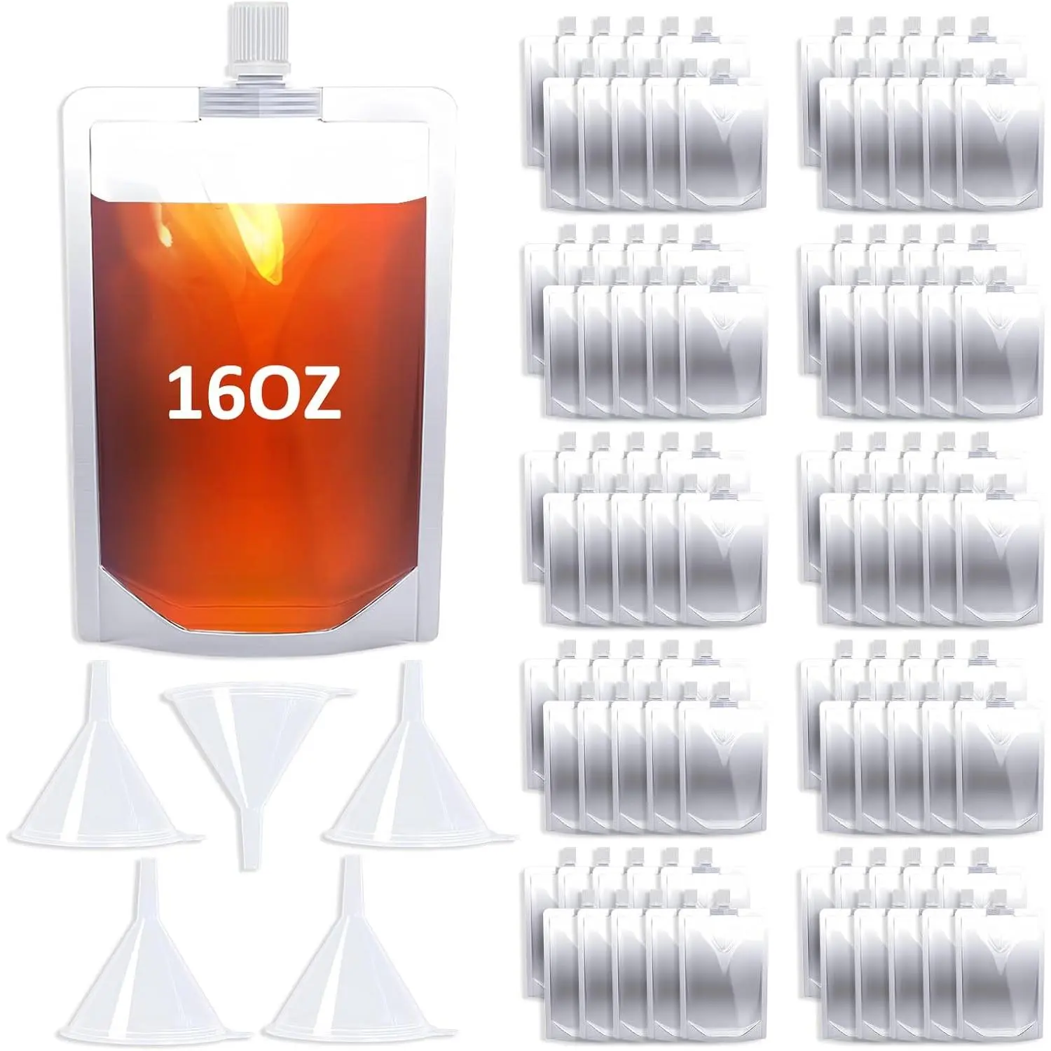 16OZ 100 count Drink Bags,  Spout Pouches with Funnel for Drinking Liquid Beverage Juice, Plastic Flasks for Travel Camping Outdoor  Concert Events Runner,Leak-Proof  Grade