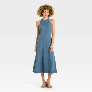 Women's Racerback Denim Midi A-Line Dress - Future Collective Medium Wash 4