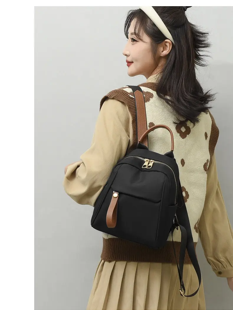 Mini Contrast Trim Nylon Backpack for Women, Adjustable Strap Lightweight Casual Daypack, Multi-Pocket Small Travel Rucksack with Top Handle, Daily Compact Backpack for Walking, Shopping and Short Trips