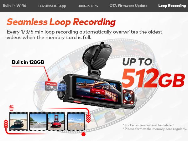 TERUNSOUL 4K Dual Dash Cam with Front-Rear Camera Options, Triple Camera Variant, GPS, 5GHz WiFi App Control, 128GB Card Included, Night Vision, 24H Parking Mode dashcam sohochic
