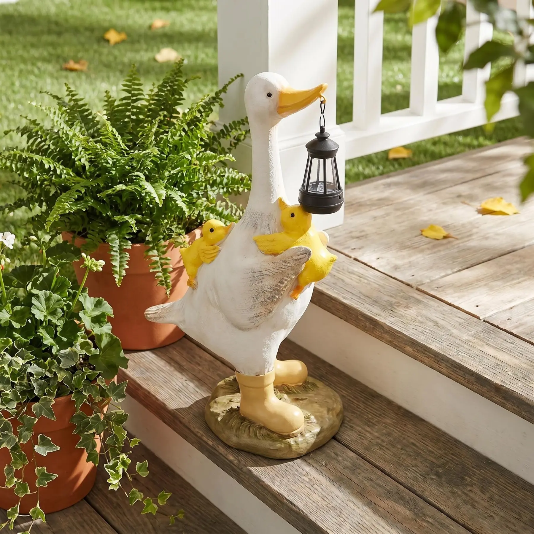 15-Inch Tall Rustic Resin Goose Figurine with 2 Goslings & Solar Lantern - Solar Outdoor Lights, Porch Goose Decor, Farm Decor for Front Door Garden Exterior Statue