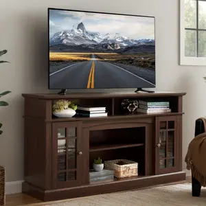 Eyisean Traditional American Country Style TV Stand with Glass Door, 58"W Large Entertainment Center with Open Shelves, Home Entertainment Console Table for TV Up to 65'', Rack for Living Room