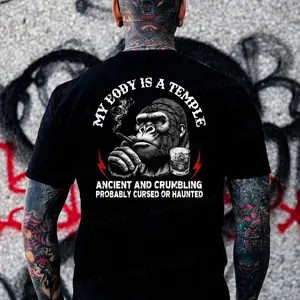 Monkeysober 100% Cotton Men's Suitable For All Seasons My Body Is A Temple Ancient And Crumbling Probably Cursed Or Haunted Monkey T-shirt