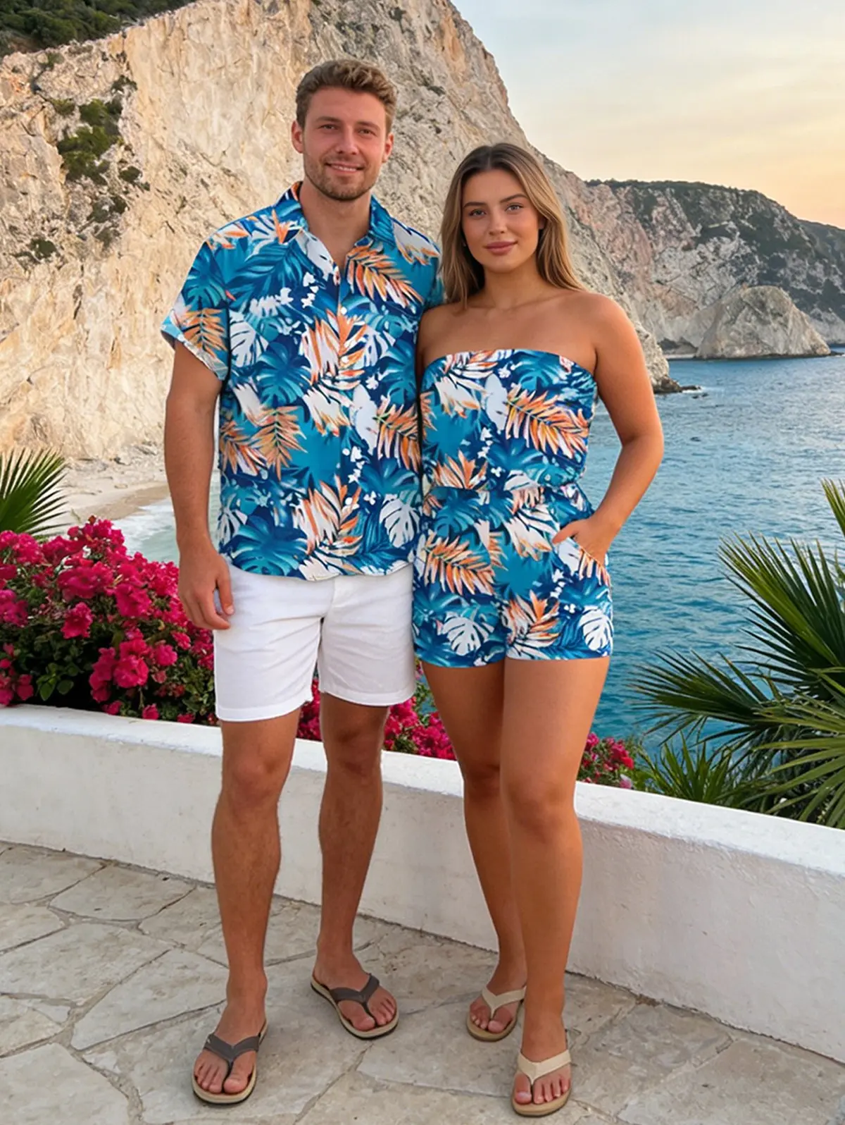 Hawaii Vacation Couple Outfit for Beach Colorblock Tropical Monstera Leaf Print Pocket Off the Shoulder Romper and Shirt Set Womenswear