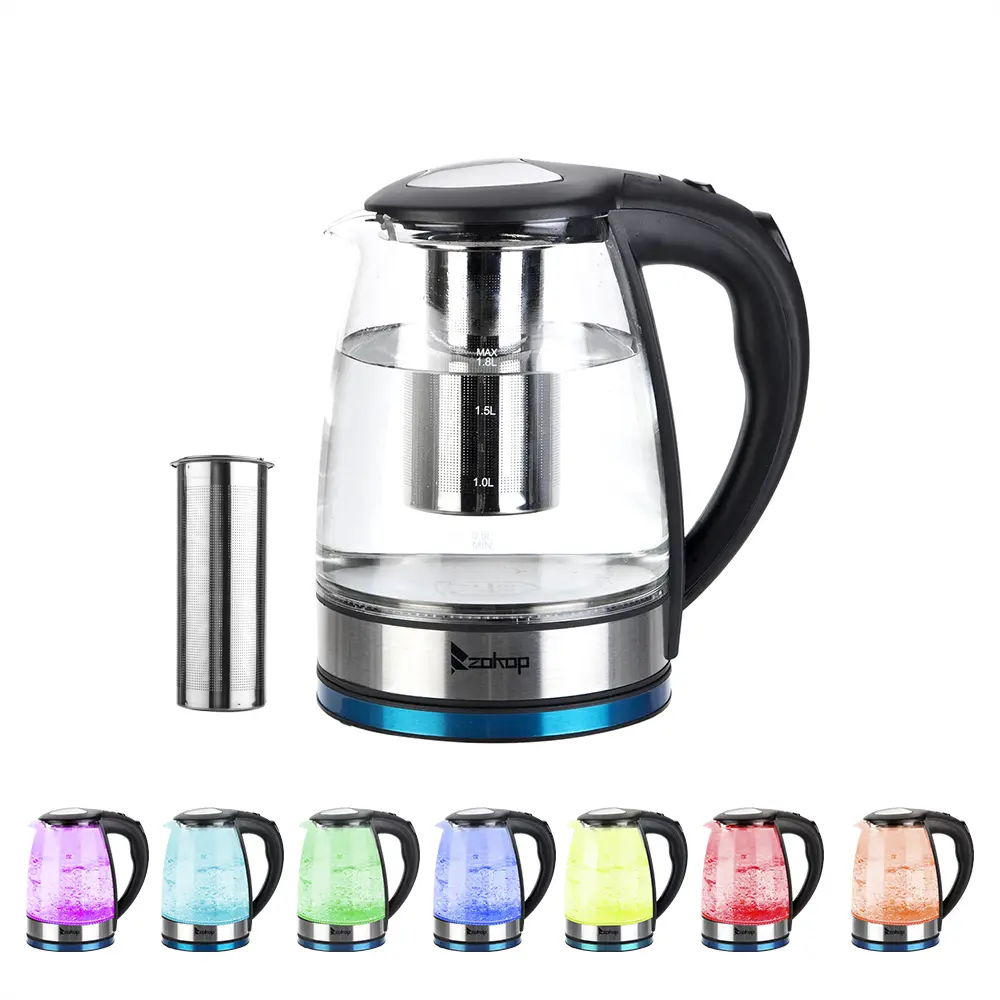HD-1861-A Cordless Glass Electric Kettle (Kitchen Appliances), 1.8L 1200W Rapid Boil, 110V US Plug, Multicolor 7-LED Lights, 360° Swivel Base, Auto Shut-Off, Spill-Proof Mesh Filter for Tea & Coffee, Cordless Glass Kettle